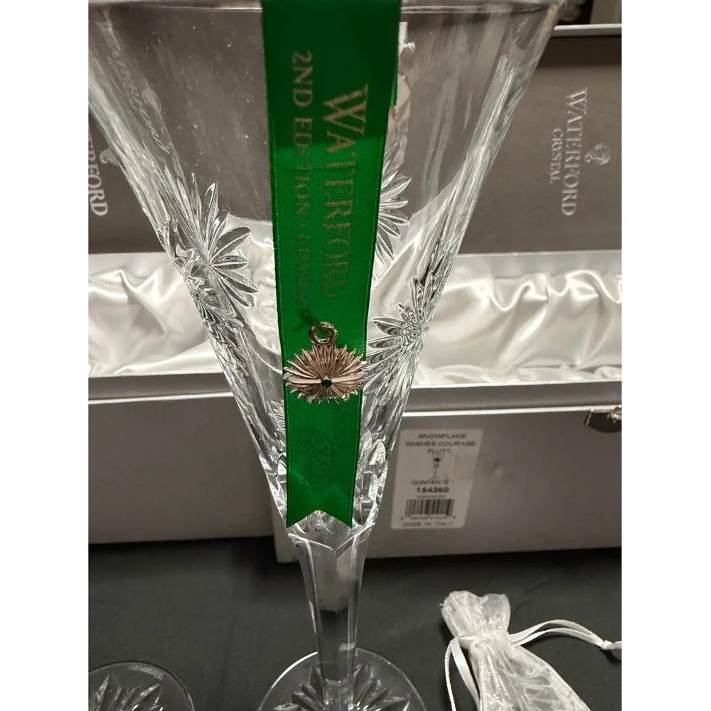 Waterford Snowflake Wishes Courage Crystal Champagne Flutes Pair Unused w/ Box